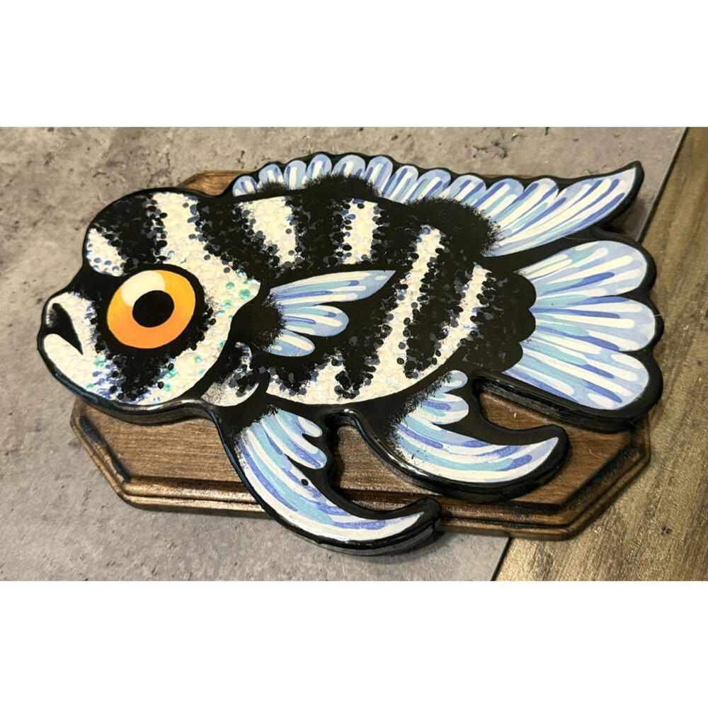 Whimsical Hand‎ Painted Wooden Fish Plaque - Folk Art Decor Beach House 10 x 7"